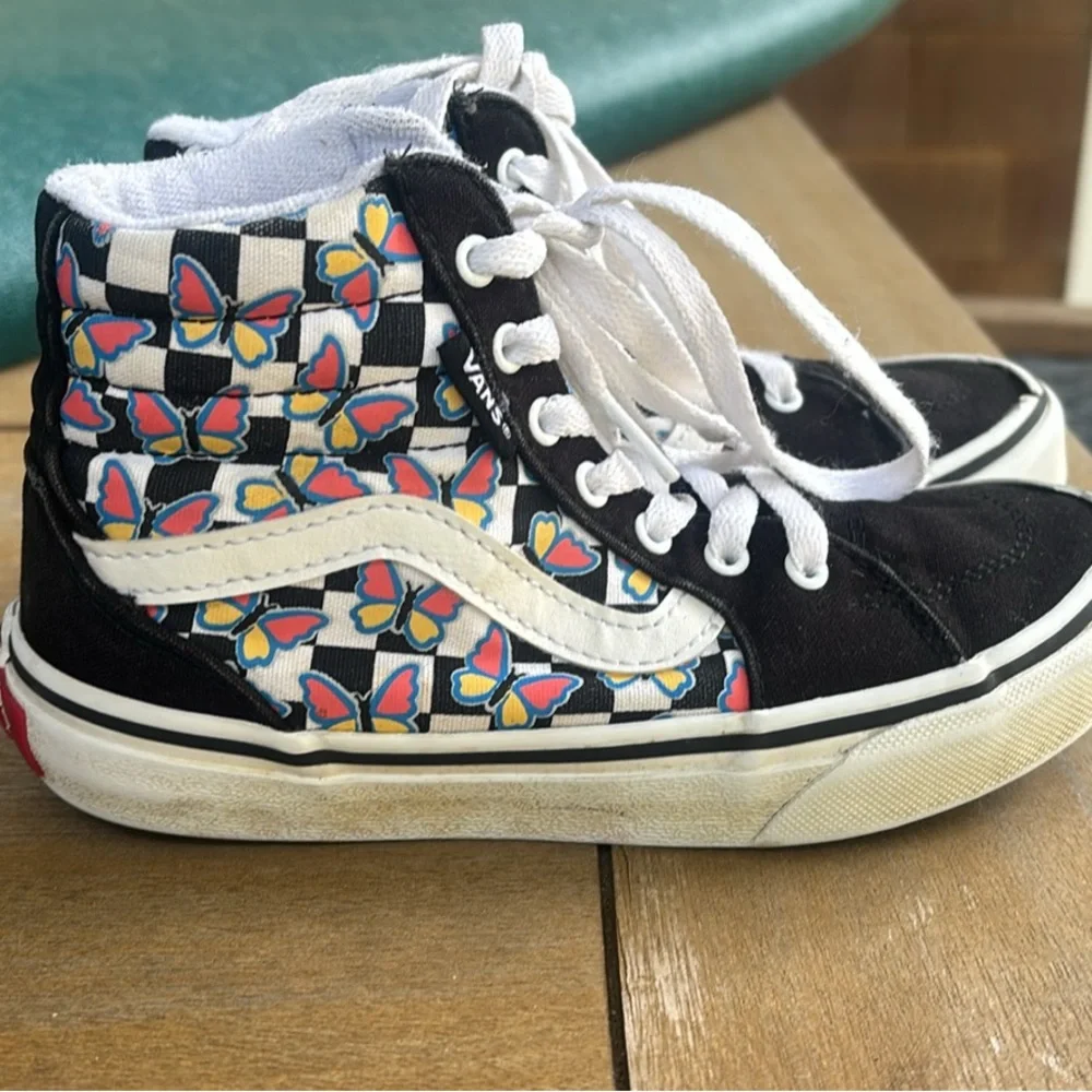 Vans Kids Black High-Top Sneakers with Multicolor Butterfly Checkerboard
